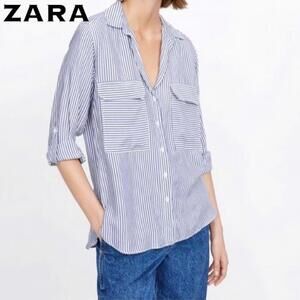 Zara Navy and White Striped Button Up Blouse – Size S